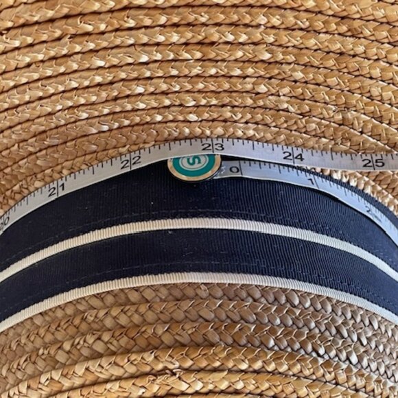 LAURA ASHLEY Vintage Straw Boater Hat with Navy White Ribbon Accent OS - Picture 12 of 16